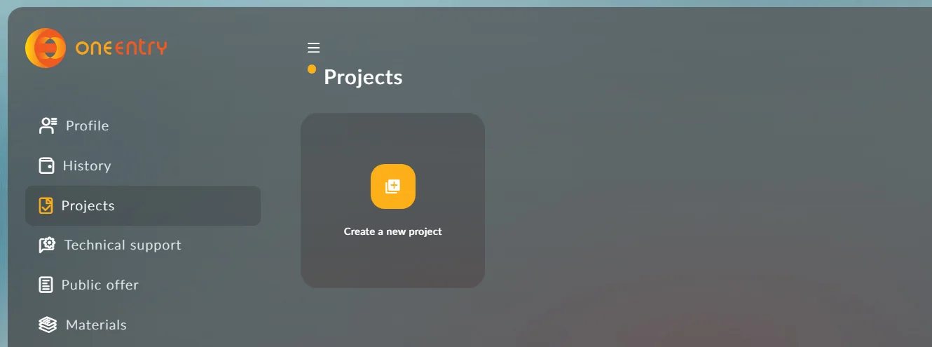 OneEntry dashboard — create new project
