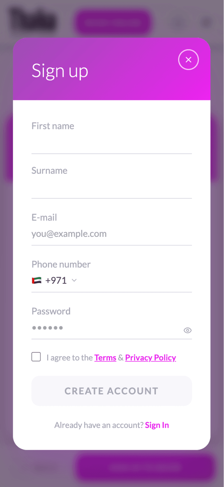 Sign up screen of OneEntry Service React Native template