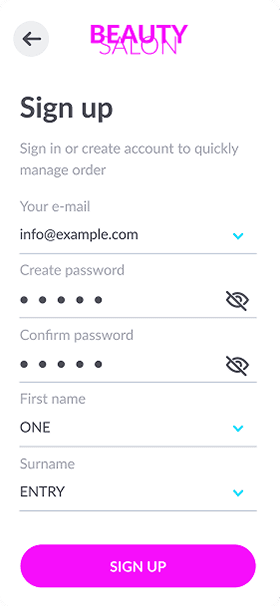 Sign up screen of OneEntry Service React Native template