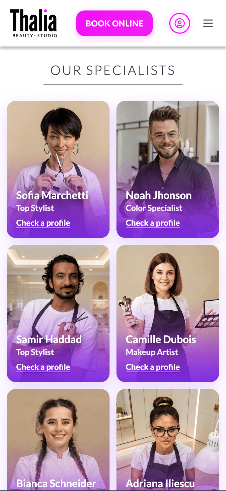 Specialists screen of OneEntry Service React Native template