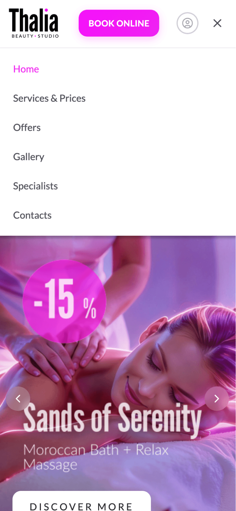 Menu screen of OneEntry Service React Native template