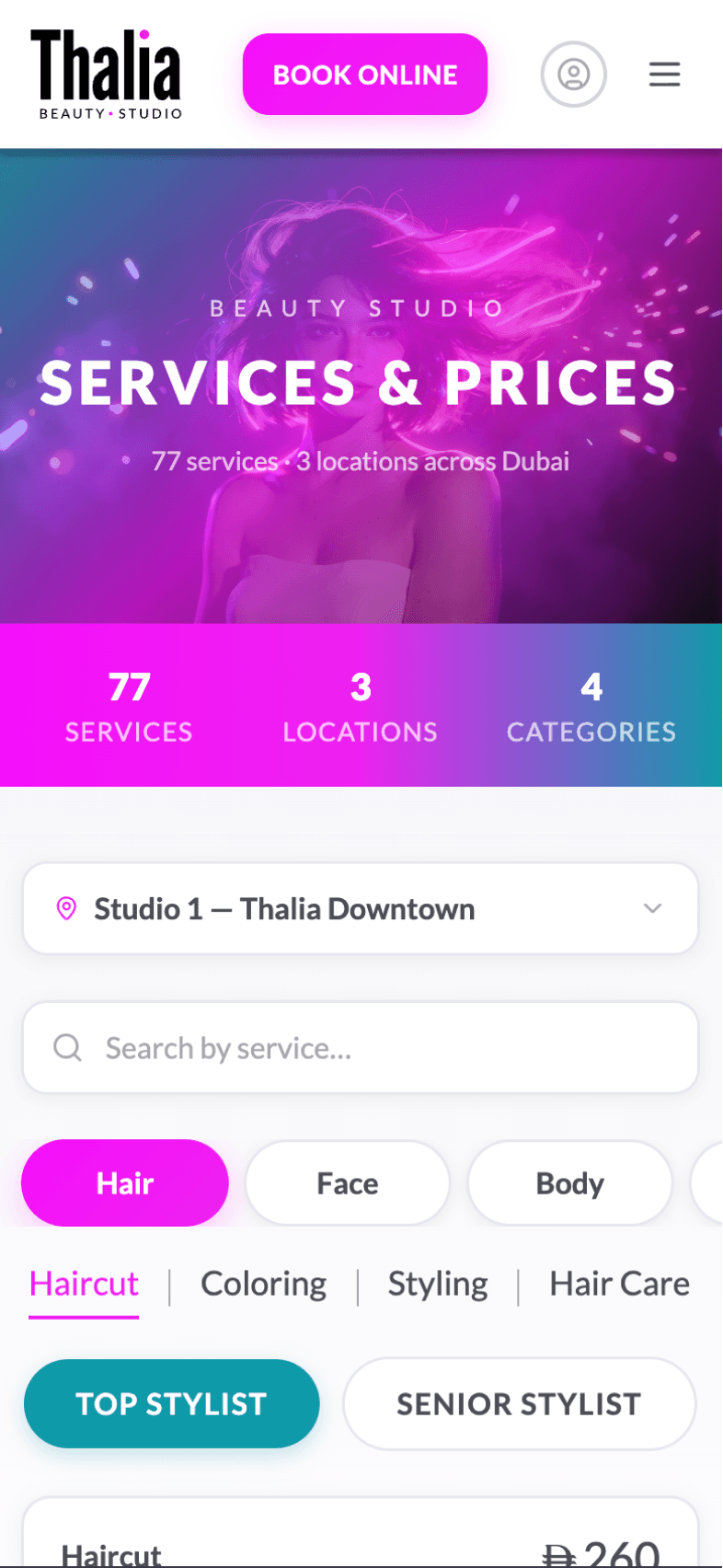 Services & prices screen of OneEntry Service React Native template