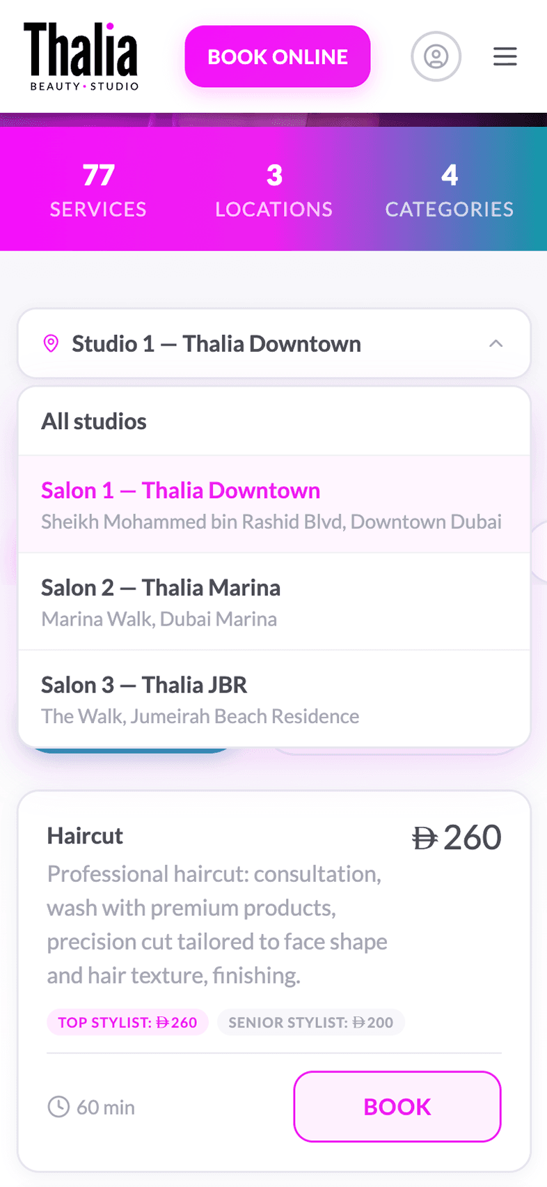 Choose salon screen of OneEntry Service React Native template