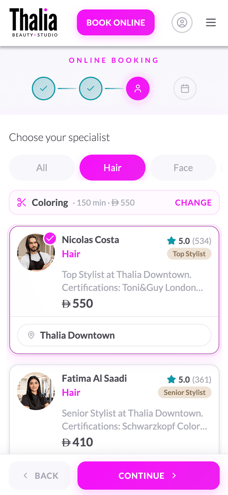 Choose specialist screen of OneEntry Service React Native template
