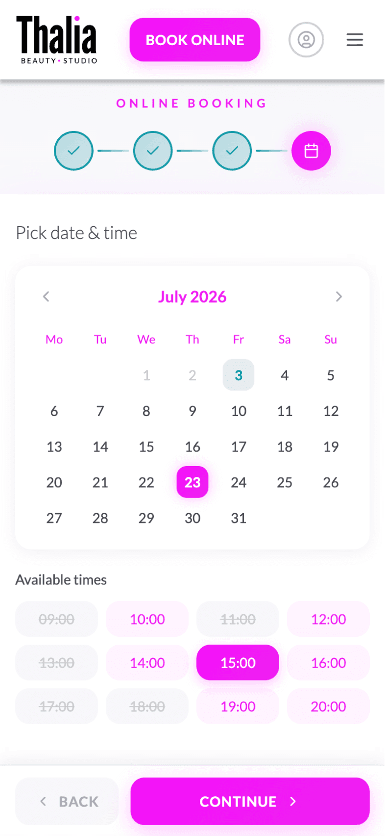 Date & time screen of OneEntry Service React Native template