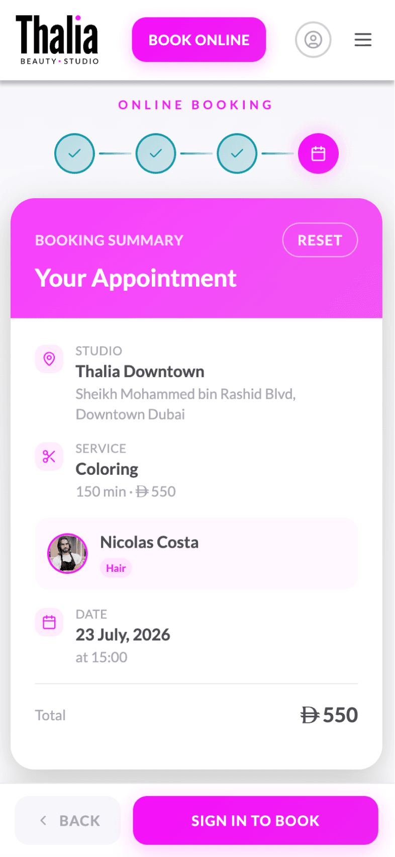 Booking summary screen of OneEntry Service React Native template