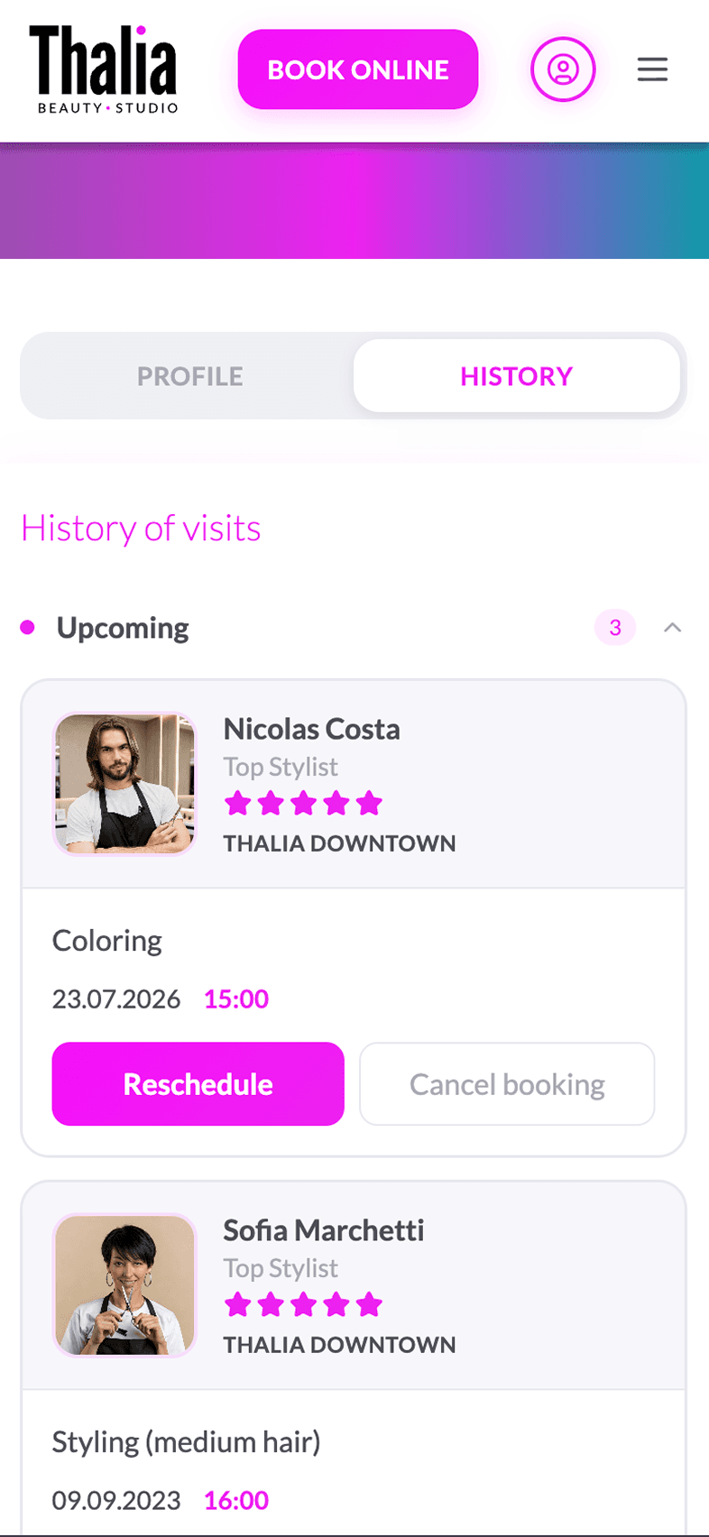History screen of OneEntry Service React Native template
