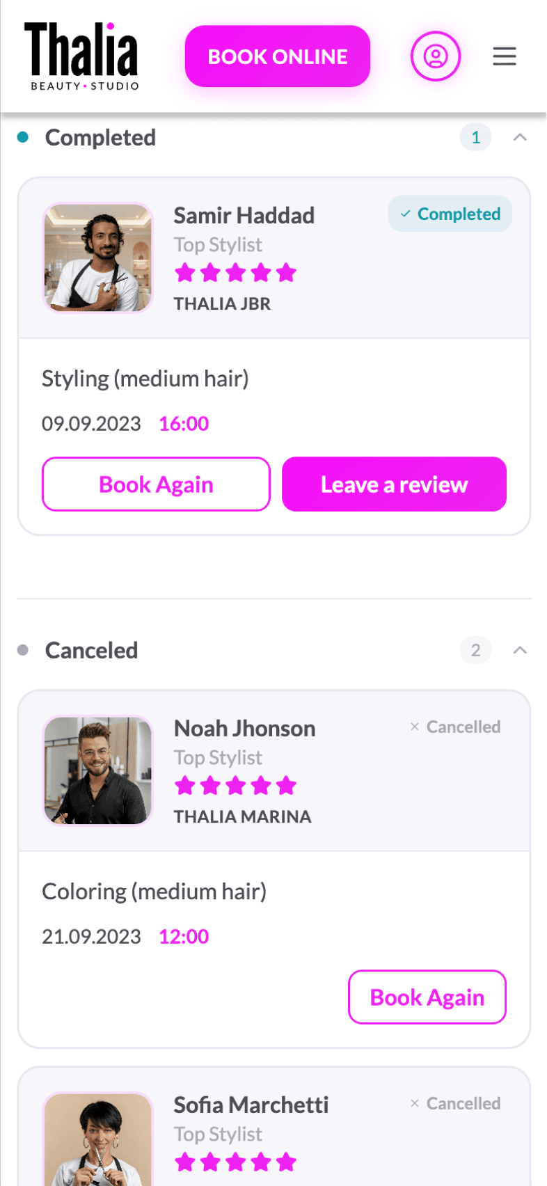 Completed & canceled screen of OneEntry Service React Native template