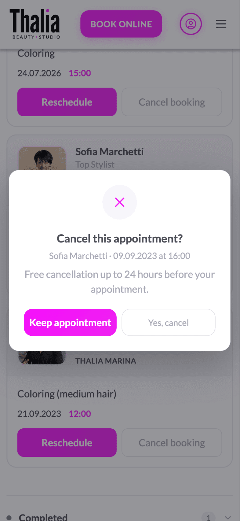 Cancel appointment screen of OneEntry Service React Native template