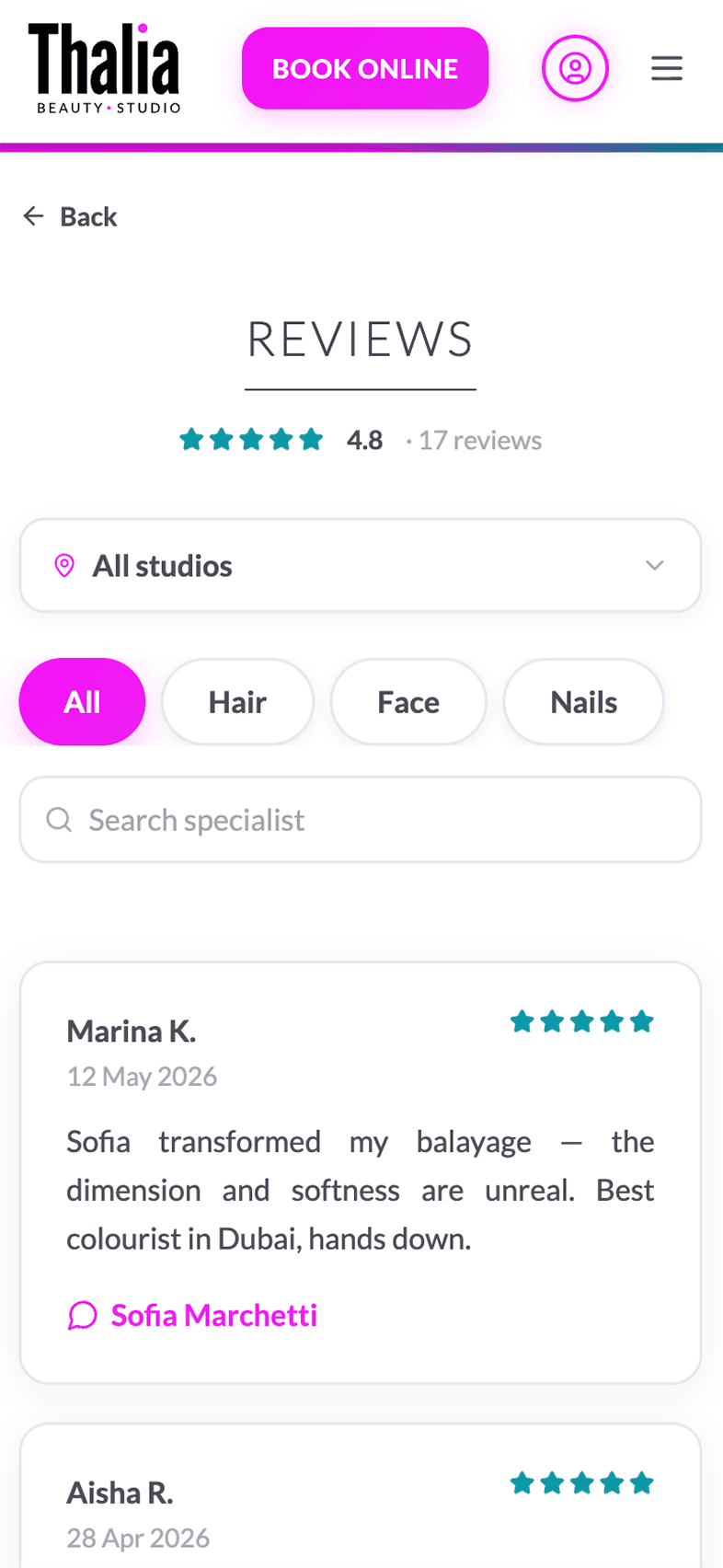 Reviews screen of OneEntry Service React Native template