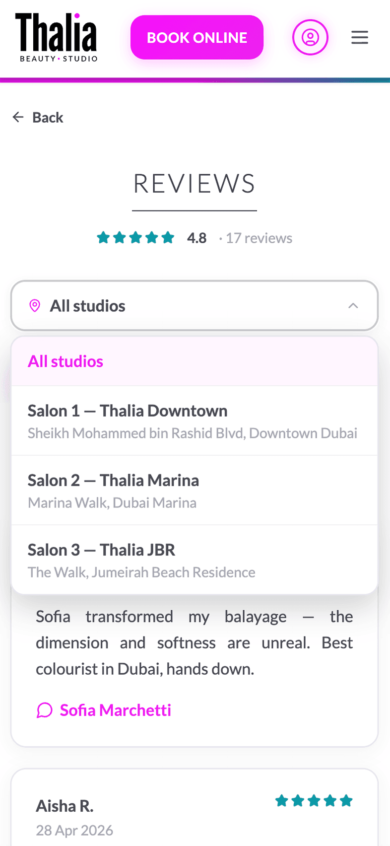 Reviews · Choose salon screen of OneEntry Service React Native template