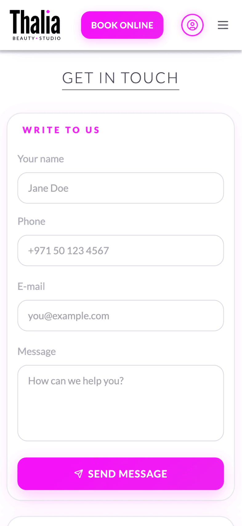 Contact form screen of OneEntry Service React Native template
